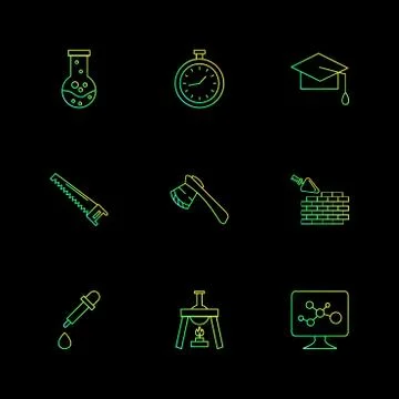 Flask , stopwatch , convocation hat,  saw , axe , wall ,dropper , flask , mon Illustrazione stock
