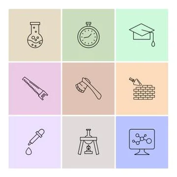 Flask , stopwatch , convocation hat,  saw , axe , wall ,dropper , flask , mon Illustrazione stock