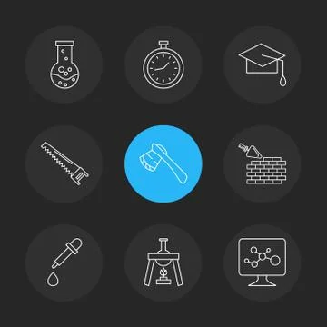 Flask , stopwatch , convocation hat,  saw , axe , wall ,dropper , flask , mon Illustrazione stock