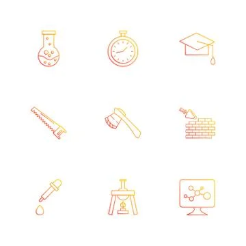 Flask , stopwatch , convocation hat,  saw , axe , wall ,dropper , flask , mon Illustrazione stock