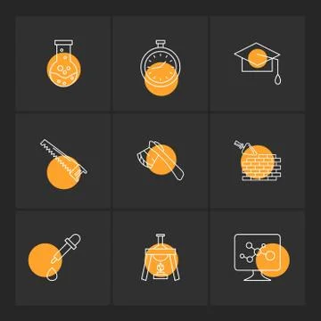 Flask , stopwatch , convocation hat,  saw , axe , wall ,dropper , flask , mon Illustrazione stock