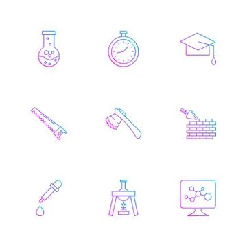 Flask , stopwatch , convocation hat,  saw , axe , wall ,dropper , flask , mon Illustrazione stock