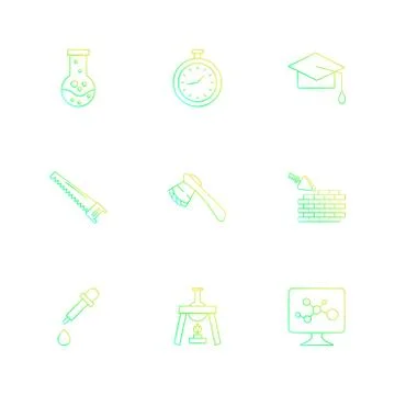 Flask , stopwatch , convocation hat,  saw , axe , wall ,dropper , flask , mon Illustrazione stock