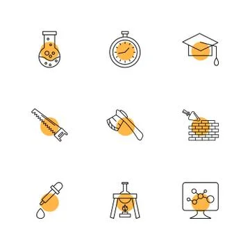 Flask , stopwatch , convocation hat,  saw , axe , wall ,dropper , flask , mon Stock Illustration