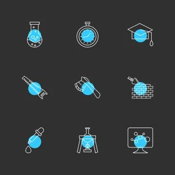 Flask , stopwatch , convocation hat,  saw , axe , wall ,dropper , flask , mon Illustrazione stock