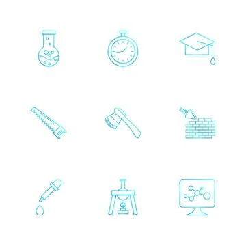 Flask , stopwatch , convocation hat,  saw , axe , wall ,dropper , flask , mon Stock Illustration