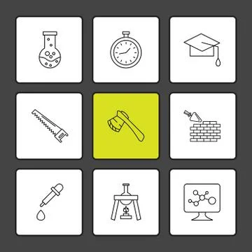 Flask , stopwatch , convocation hat,  saw , axe , wall ,dropper , flask , mon Illustrazione stock