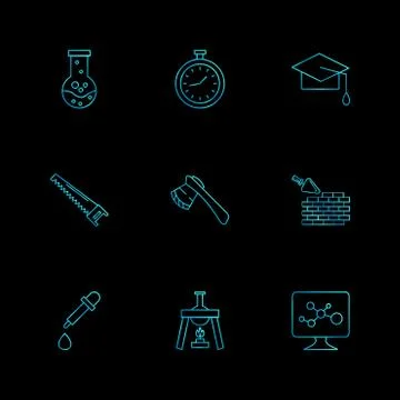 Flask , stopwatch , convocation hat,  saw , axe , wall ,dropper , flask , mon Illustrazione stock