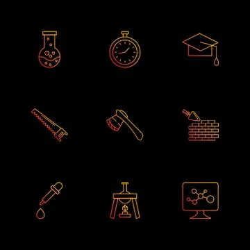 Flask , stopwatch , convocation hat,  saw , axe , wall ,dropper , flask , mon Stock Illustration