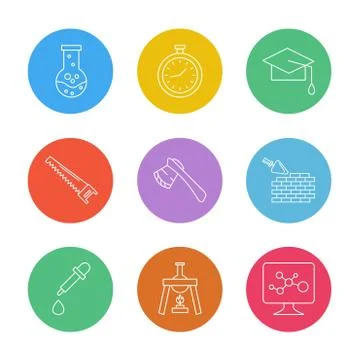 Flask , stopwatch , convocation hat,  saw , axe , wall ,dropper , flask , mon Illustrazione stock