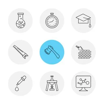 Flask , stopwatch , convocation hat,  saw , axe , wall ,dropper , flask , mon Illustrazione stock