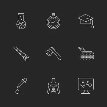 Flask , stopwatch , convocation hat,  saw , axe , wall ,dropper , flask , mon Illustrazione stock