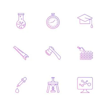 Flask , stopwatch , convocation hat,  saw , axe , wall ,dropper , flask , mon Illustrazione stock