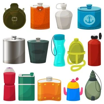 Flask vector metal bottled hip drink thermo and fitness sport plastic bottle Illustrazione stock