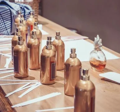 Flasks and examples of odor on the table. 写真素材