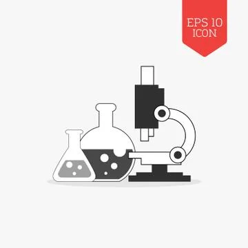 Flasks and microscope icon. Research lab concept. Flat design gray color symb Illustrazione stock
