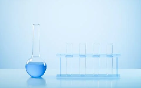 Flasks and test tubes in the lab , 3d rendering. Illustrazione stock