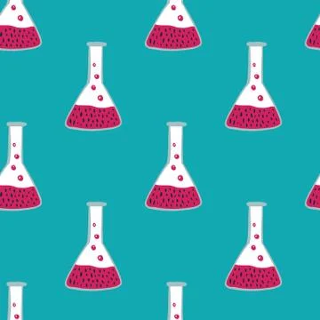 Flasks with blood doodle seamless pattern. Blue bright background. Medical bi Stock Illustration