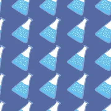 Flasks with blue liquid doodle seamless pattern. Navy blue background. Medica Stockillustratie