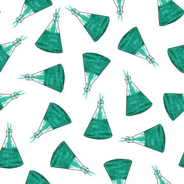 Flasks with emerald green potion, solution on a white background. Seamless pa Stock Illustration