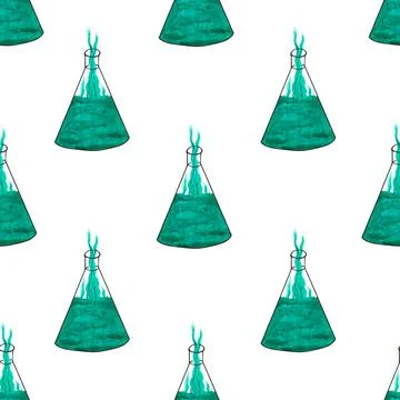 Flasks with green emerald potion, solution on a white background. Seamless pa Illustrazione stock