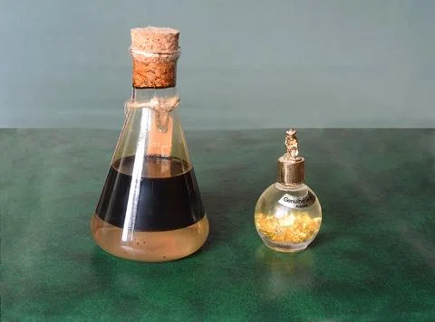 Flasks with samples of naphtha and placer gold. Stock Photos