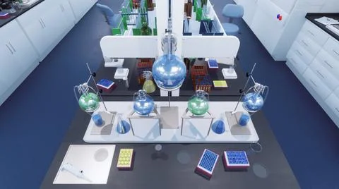 Flasks in science research laboratory Top view 3D 스톡 일러스트