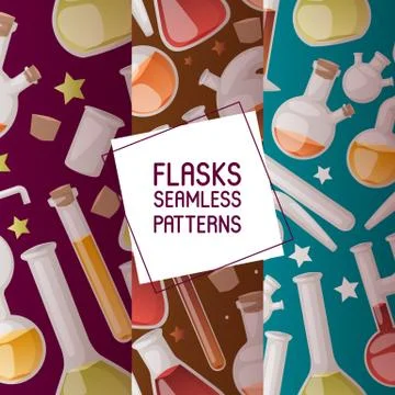 Flasks set of seamless patterns vector illustration. Different laboratory Illustrazione stock