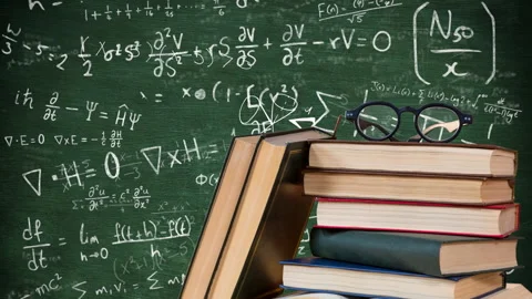 Flasses on stack of books against mathematical equations floating against black Vidéo 146931846
