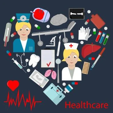 Flat 1  set of elements for health care theme design in heart shape Stock Illustration