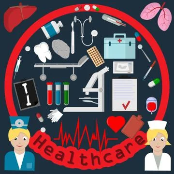 Flat 1 set of elements for health care theme design in circular ornament Stock Illustration