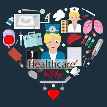 Flat 2  set of elements for health care theme design in heart shape イラスト素材