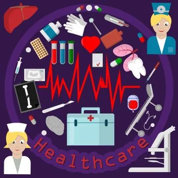 Flat 2 set of elements for health care theme design in circular ornament Stock Illustration