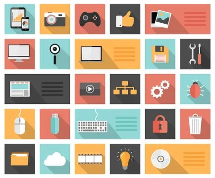 Flat 25 seo, development, social media and computer icons. Illustrazione stock