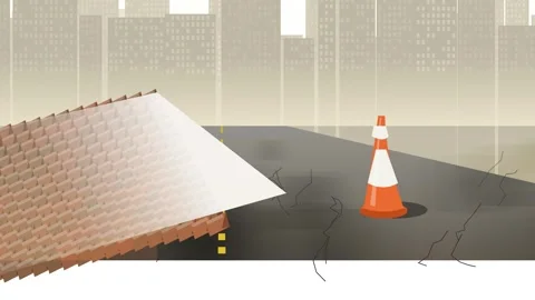 Flat 2D Animation Of Cracked Road And Damaged Roof In A Hazy City Stock Footage 340214478