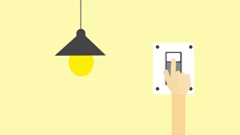 A flat 2D animation of a hand flipping a wall switch on and off lamp Stock Footage 334660657