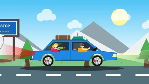 Flat 2D Animation Of A Road Trip With Luggage Driving Past A Rest Stop Video stock 341264923