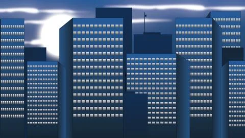 Flat 2D explainer animation illustration of the moon with city lights, and th Ilustración de archivo