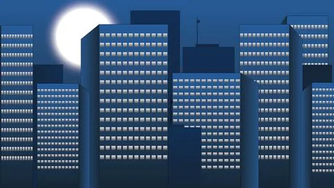 Flat 2D explainer animation illustration of the moon with city lights, and th Stock Illustration