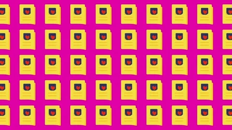 Flat 2D heart icon pattern with love letters on vibrant pink background Stock Footage 344909027