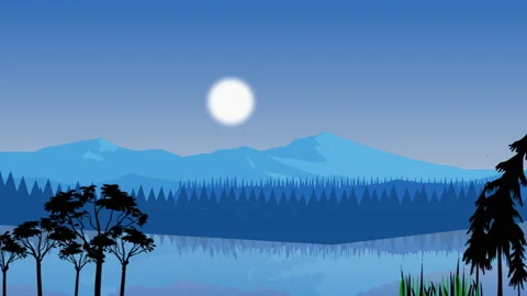 Flat 2d mountains and lake view the animation in 4K resolution. Stock Footage 157563342