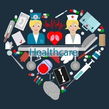 Flat 3  set of elements for health care theme design in heart shape 스톡 일러스트