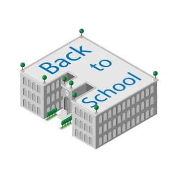 Flat 3d isometric building school or university with a clock and an open door as Ilustración de archivo