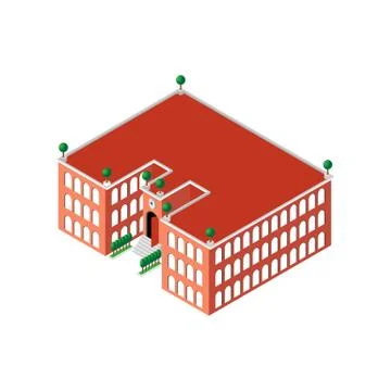 Flat 3d isometric building school or university with a clock and an open door as Ilustración de archivo