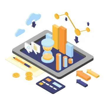 Flat 3d isometric business finance analytics, chart graphic report on tablet web Stock Illustration