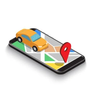 Flat 3d isometric car use gps map navigation application on smartphone. Mobil Stock Illustration