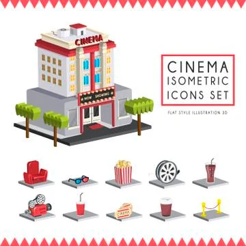 Flat 3d isometric cinema icons set illustration Stock Illustration