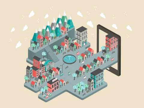 Flat 3d isometric city scenery illustration Stock Illustration