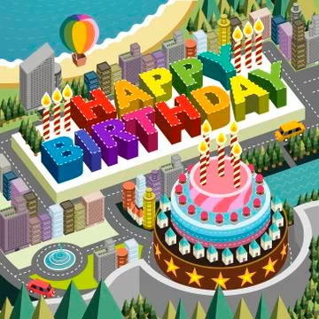 Flat 3d isometric city scenery with big birthday cake Illustrazione stock