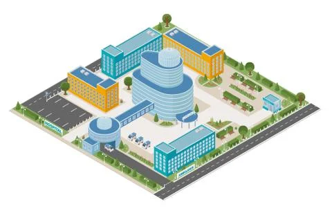 Flat 3d isometric clinic complex and city map constructor elements such as .. 스톡 일러스트